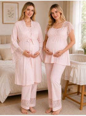 Dantelli Pudra Ekru Kısa Kollu Lohusa Hamile Pijama Takımı Sabahlık 33002